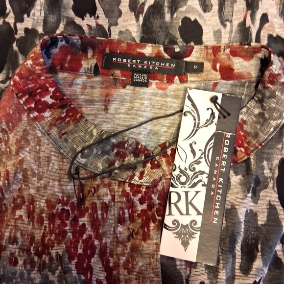 NWT Robert Kitchen Women's Burgundy Black Beige Printed Blouse Size 10 M - Picture 12 of 13